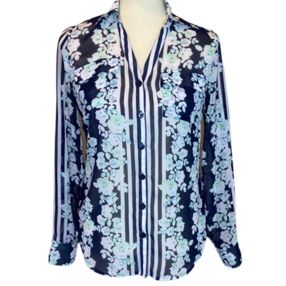 New York & Company Semi Sheer Button Down Floral And Stripped Blouse
